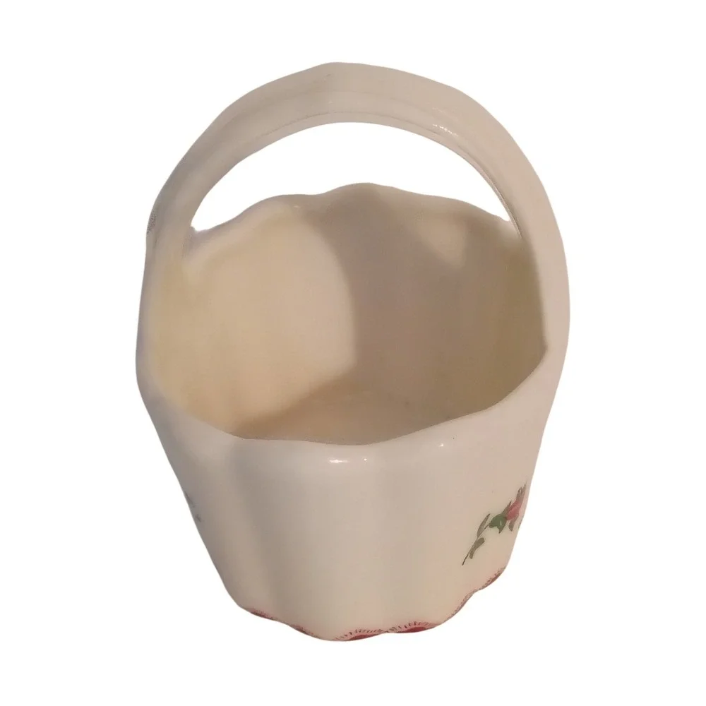 Vintage Ceramic Rosebud Basket Planter Scalloped Candy Dish White Red Floral